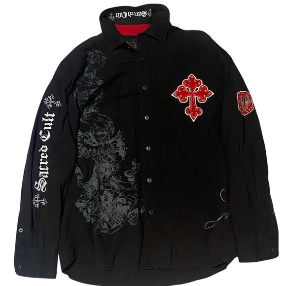 Y2K Sacred Cult Grunge Style Rhinestone Button Down Shirt Size Large - Picture 2 of 7